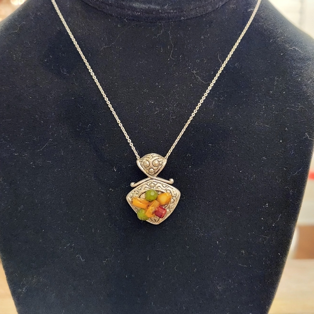 Elegant Silvertone Pendant Necklace with Multicolor Beads